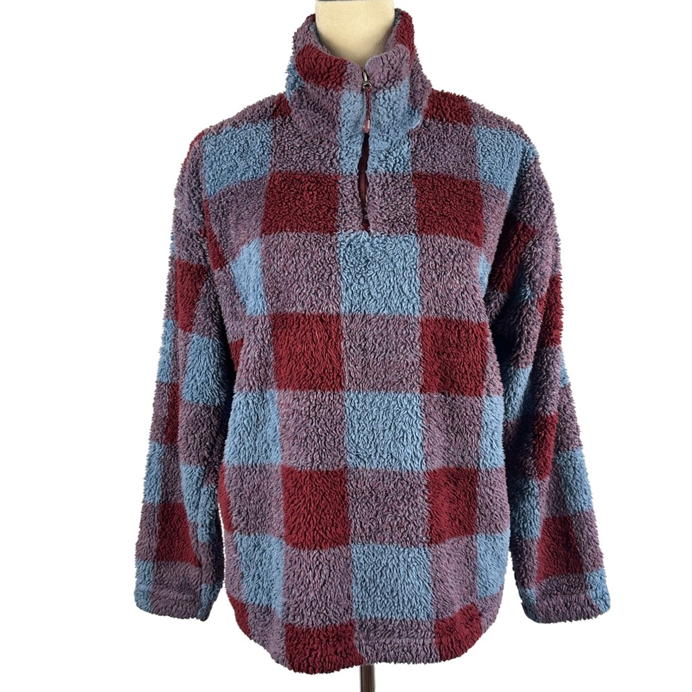 Eddie Bauer Women's Large Plaid Fuzzy Fleece‎ Quarter Zip Pullover Sweatshirt